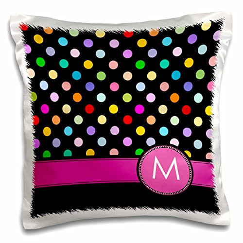 3dRose pc_154310_1 Letter M Monogrammed on Rainbow Polka Dots Pattern with Hot Pink Personal Initial-Girly Multicolor-Pillow Case, 16 by 16"