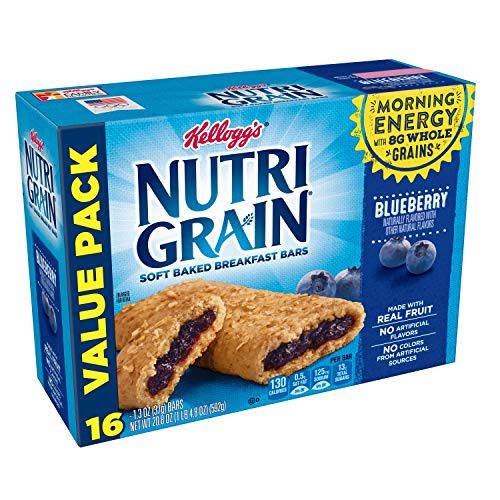 Kellogg's Nutri-Grain, Soft Baked Breakfast Bars, Blueberry, Made with Whole Grain, Value Pack, 20.8 oz (16 Count)