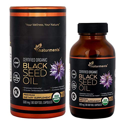 Black Cumin Seed Oil Capsules: Organic, Unrefined, Cold Pressed, Extra Virgin Nigella Sativa Premium Dietary Supplement - Pure, Non GMO, Kosher, Halal Kalonji Oil - Softgels (500 mg)