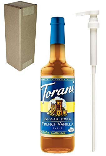 Torani Sugar Free French Vanilla Flavoring Syrup, 750mL (25.4 Fl Oz) Glass Bottle, Individually Boxed, With White Pump