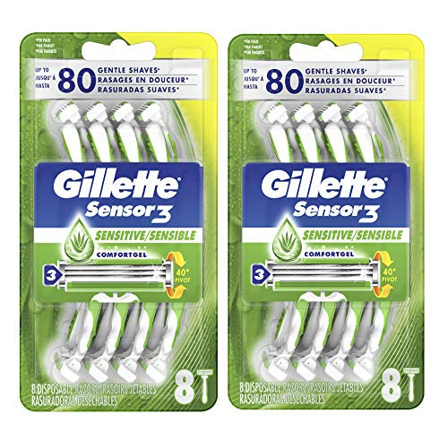 Gillette Sensor3 Men's Disposable Razor, Sensitive, Mens Razors / Blades, 8 Count (Pack of 2)