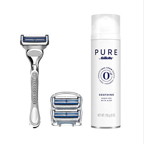 Gillette SkinGuard Men's Razor for Sensitive Skin, 3 Blade Refills + Pure Shave Gel 6oz, 1 razor + 3 Handles + Shave Gel