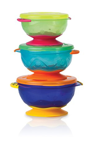 Nuby Stackable Suction Bowl with Lid (Pack of 3, Multi-Coloured)