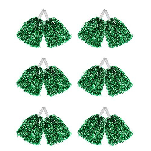 Hooshing 12 Pcs Cheerleading Pom Poms Metallic Foil Pom Poms with Plastic Handles for Team Sports Party Costume, Green