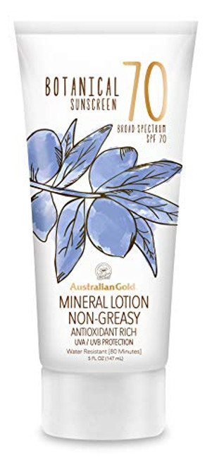 Australian Gold Botanical Sunscreen Mineral Lotion SPF 70, 5 Ounce | Broad Spectrum | Water Resistant Australian Gold Botanical Sunscreen Mineral Lotion SPF 70, 5 Ounce | Broad Spectrum | Water Resistant