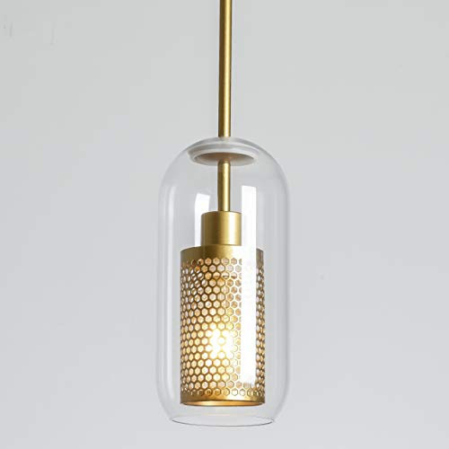 FERWVEW Industrial Gold Glass Ceiling Pendant Light, 1 Light Hanging Lighting Fixture with Metal and Clear Glass Shade for Kitchen Island Foyer Entryway Dining Living Room Bedroom Restaurant