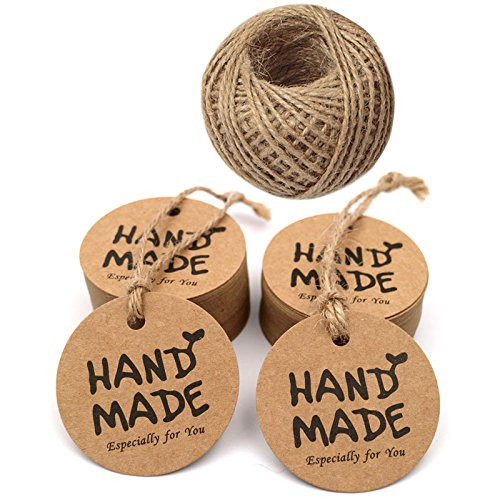 Handmade Tags,Gift Wrap Tags,100 Pcs Hand Made Especially for You Kraft Paper Round Gift Tags with 100 Feet Jute Twine (Brown)