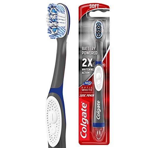 Colgate 360 Optic White Sonic Battery Power Toothbrush with Tongue and Cheek Cleaner, Soft