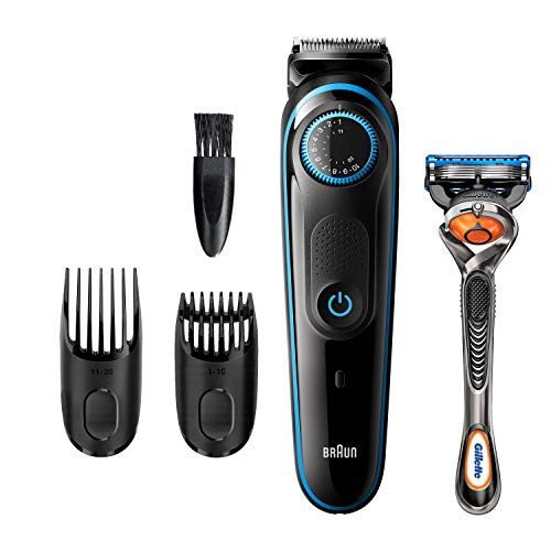 Braun Beard Trimmer for Men BT5240, Cordless & Rechargeable Hair Clipper with Gillette ProGlide Razor, Black/Blue