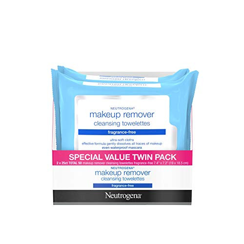 Neutrogena Cleansing Fragrance Free Makeup Remover Facial Wipes, Daily Cleansing Facial Towelettes for Waterproof Makeup, Alcohol-Free, Unscented, Value Twin Pack, 25 Count, 2 Pack