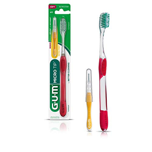 GUM Micro Tip Toothbrush, Compact Soft Bristles with Bonus Proxabrush Go-Between