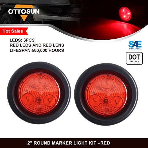 OTTOSUN 2" Round Marker Light Kit with Grommet LED PC Lens Clearance Side Marker Lights for Truck Trailer RV DOT SAE Approved (Red)