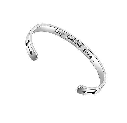 Inspirational Gifts Bracelet Cuff Bangle Women Mantra Quote Positive Saying Engraved Stainless Steel Silver Motivational Friendship Encouragement Jewelry for Teen Girls Kids Men with Hidden Message