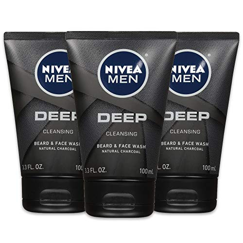 NIVEA Men DEEP Cleansing Beard & Face Wash - With Natural Charcoal to Deeply Clean - 3.3 fl. oz. Tube (Pack of 3)