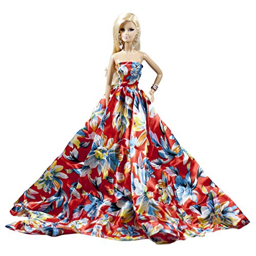 Orange Red Floral Silk Ball Gown Fits for Barbie Doll