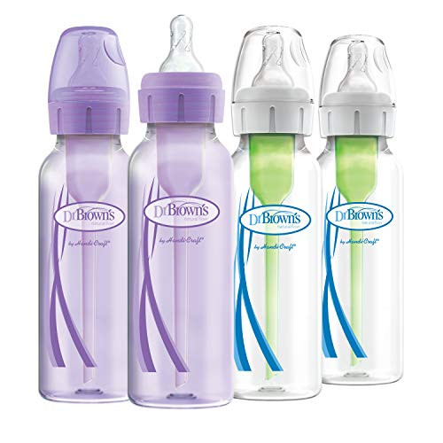 Dr. Brown's Options+ Baby Bottles, 8 oz/250ml, Narrow Bottle, Puple and Clear, 4 Pack