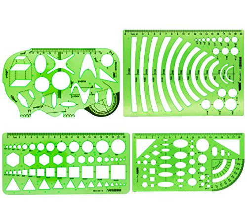 SUNSWEI 4PCS Plastic Clear Green Color Measuring Templates Geometric Rulers for Office and School, Building formwork, Drawings Templates