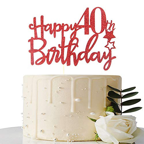 Red Glitter Happy 40th Birthday Cake Topper - 40 Cake Topper - 40th Birthday Party Supplies - 40th Birthday Party Decorations