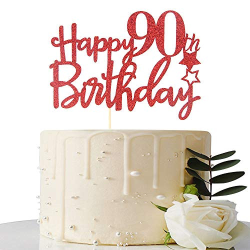 Red Glitter Happy 90th Birthday Cake Topper - 90 Cake Topper - 90th Birthday Party Supplies - 90th Birthday Party Decorations