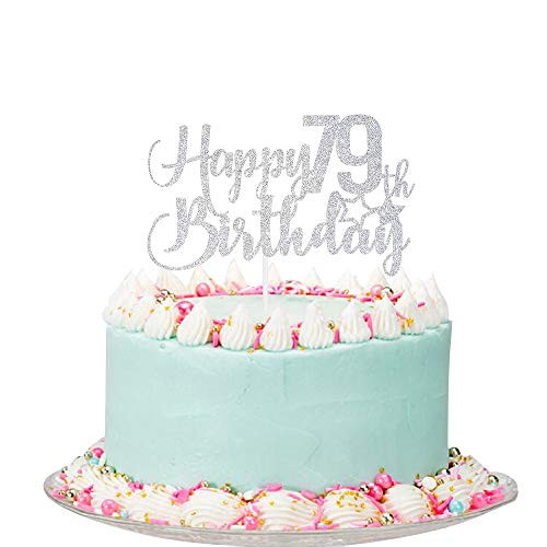 Silver Glitter Happy 79th Birthday Cake Topper - 79th Birthday Cake Topper, 79th Birthday Party Decoration