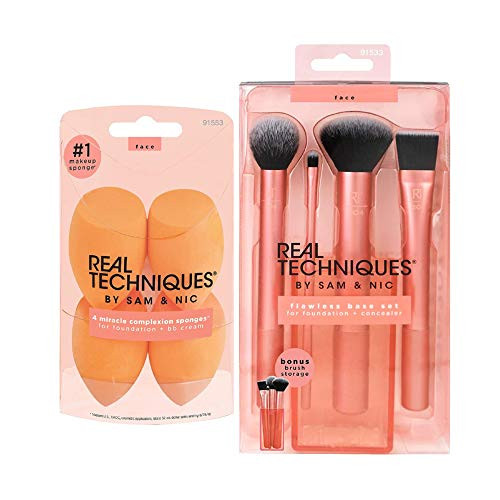 Real Techniques Flawless Base Makeup Brush Set with 4 Miracle Complexion Sponge Blenders, Ideal for Foundation and Concealer, Set of 8