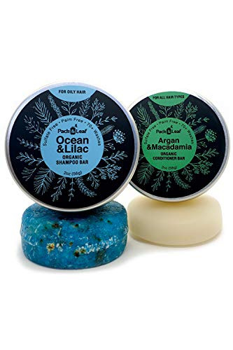 Organic Shampoo Bar and Conditioner Bar Travel Set, Ocean & Lilac for Oily Hair, Sulfate Free, Palm Oil Free, Plastic Free, Eco-Friendly Natural Solid Bars
