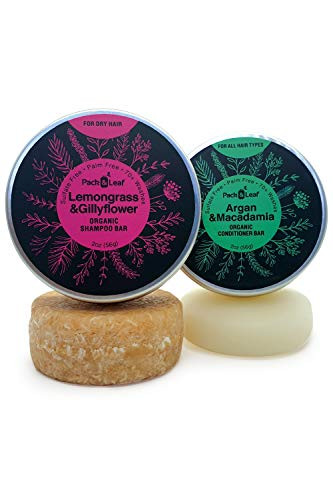 Organic Shampoo Bar and Conditioner Bar Travel Set, Lemongrass & Gillyflower for Dry Hair, Sulfate Free, Palm Oil Free, Plastic Free, Eco-Friendly Natural Solid Bars
