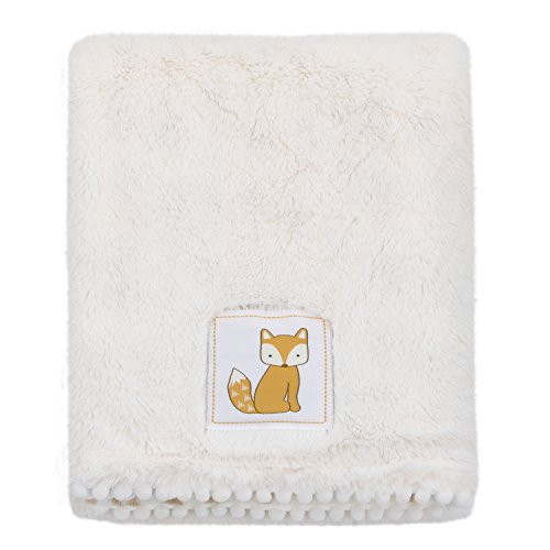 Little Love by NoJo Super Soft Double Sided Cuddle Plush Blanket with Pom Pom Trim, Fox, White, Rust