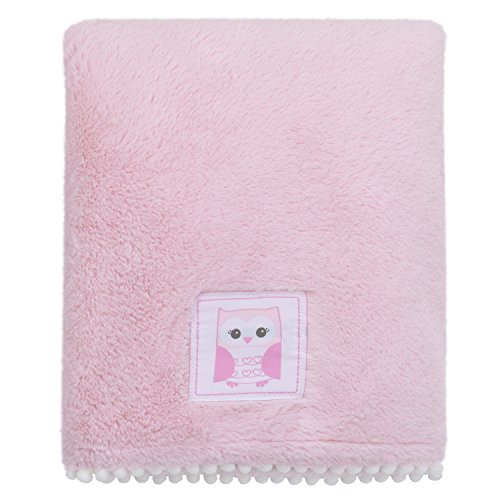 Little Love by NoJo Super Soft Double Sided Cuddle Plush Blanket with Pom Pom Trim, Owl, Pink, White