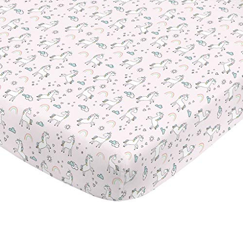 NoJo Super Soft Pink Unicorn Nursery Mini Crib Fitted Sheet, Pink, White, Aqua NoJo Super Soft Pink Unicorn Nursery Mini Crib Fitted Sheet, Pink, White, Aqua