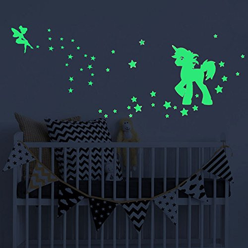 akeke Glow in the Dark Unicorn Stars Wall Decal, Unicorn Floral Decal Fairytale fairy stickers Wall Decal Girls Bedroom Home Decor