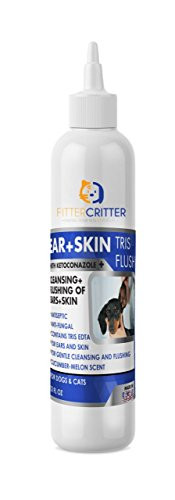 Fitter Critter Dog Ear Mite Treatment - Antiseptic Ear Cleaner Medication Keto-C Tris Flush - Effective Against Mites Ringworm Pyoderma Yeast - Antifungal & Antibacterial - Eliminates Odor