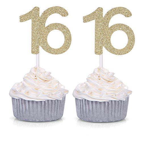 Giuffi Set of 24 Golden Number 16 Cupcake Toppers 16th Birthday Celebrating Party Decors - by