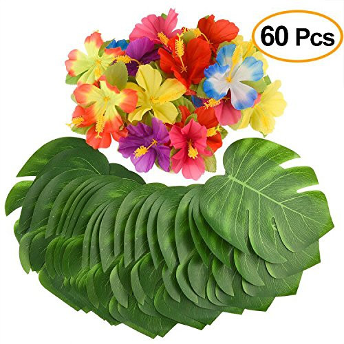 KUUQA 60 Pcs Tropical Party Decoration Supplies 8" Tropical Palm Monstera Leaves and Hibiscus Flowers, Simulation Leaf for Hawaiian Luau Party Jungle Beach Theme Table Decorations