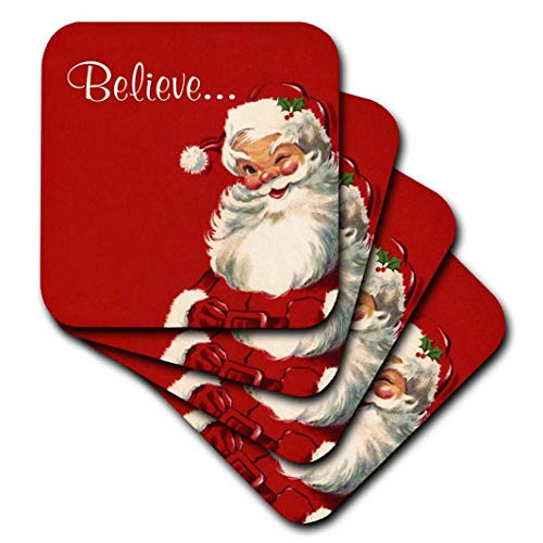 3dRose Believe-Jolly Vintage Santa Illustration on Red Background - Ceramic Tile Coasters, Set of 4 (CST_219375_3)