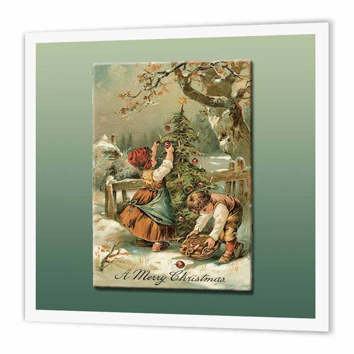 3dRose Vintage Children Decorating A Christmas Tree in A Winter Scene on A Gradient Light Green Background - Iron on Heat Transfer, 6 by 6-Inch, for White Material (ht_153304_2)