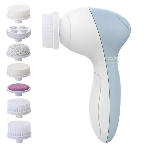 PIXNOR P2017 Waterproof Facial Cleansing Brush and Massager with 7 Brush Heads for Removing Blackhead, Exfoliating and Massaging (Light Blue)