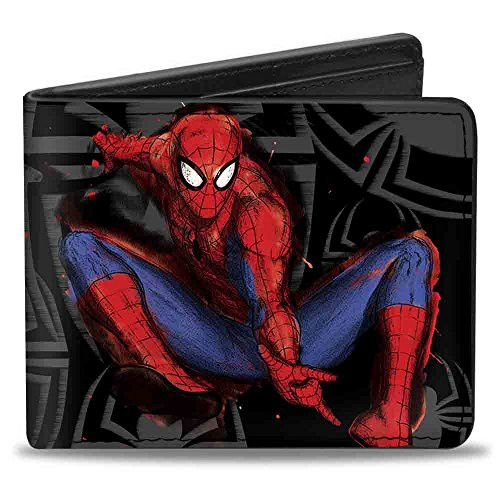 Buckle-Down PU Bifold Wallet - Spider-Man Jumping Pose Sketch/Scattered Spiders Black/Gray/Red/Blue