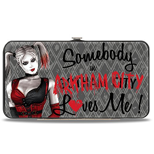 Buckle-Down Hinge Wallet - Harley Quinn Pose SOMEBODY IN ARKHAM CITY LOVES ME/Diamonds Grays/Black/Red