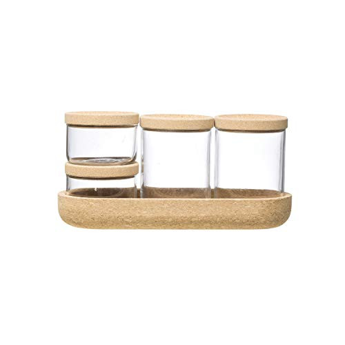Creative Co-op 4 Clear Glass Jars with Cork Lids & Tray (Set of 9 Pieces Including Lids) Food Storage