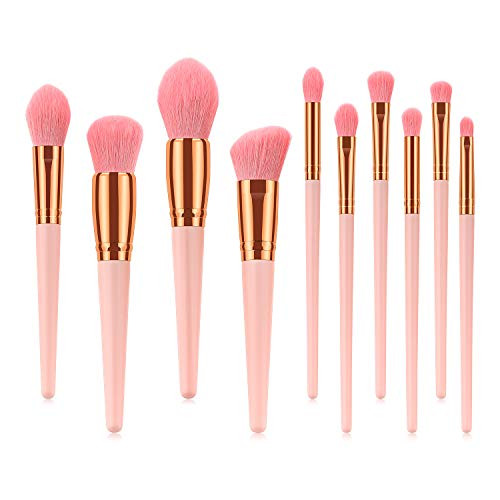 Makeup Brushes Set,Professional 10Pcs Premium Synthetic Make Up Brushes Cosmetics for Foundation Kabuki Blush Eyeshadow Concealer Brushes set (Pink Golden Handle)