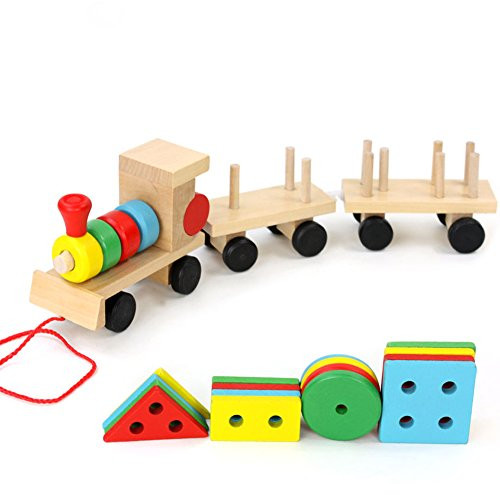Habudda Wooden Stacking Train Push Pull Toy Sorting & Stacking Wood Block Train Toy For Toddlers Stacking Games Shape Color Recognition Geometric Stacker Chunky Puzzle Toy