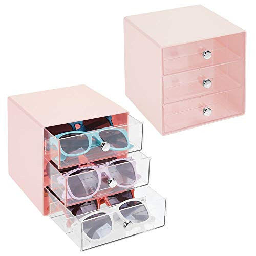 mDesign Stackable Plastic Eye Glass Storage Organizer Box Holder for Sunglasses, Reading Glasses, Accessories - 3 Divided Drawers, Chrome Pulls, 2 Pack - Light Pink/Clear