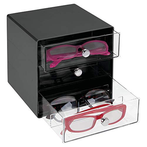 mDesign Stackable Plastic Eye Glass Storage Organizer Box Holder for Sunglasses, Reading Glasses, Accessories - 3 Divided Drawers, Chrome Pulls - Black/Clear