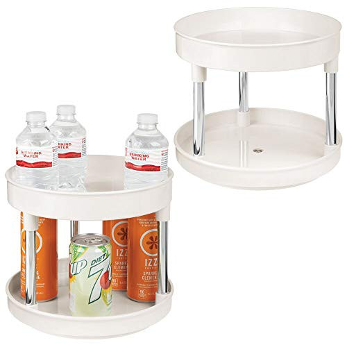 mDesign 2 Tier Lazy Susan Turntable Food Storage Container for Cabinets, Pantry, Fridge, Countertops - Spinning Organizer for Spices, Condiments, 2 Pack - Cream/Chrome