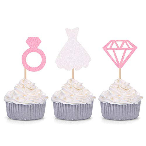 Set of 24 Glitter Diamond Ring Wedding Dress Cupcake Toppers for Engagement Bridal Shower Decorations (Pink)