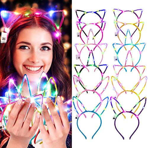 LED Cat Ears Headband,Aniwon12PCS Light Up Headband Cute Cat Ear Rabbit Ear Unicorn Headband Luminous Led Headband for Women Girls Kids Led Hair Accessories Christmas Halloween Party Supplies