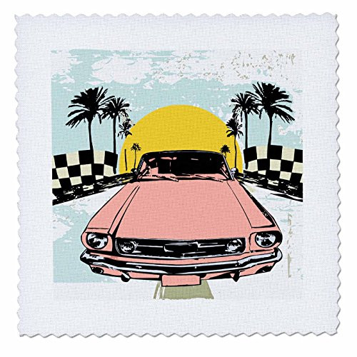 3dRose qs_18955_1 Pink Retro Car Quilt Square, 10 by 10-Inch