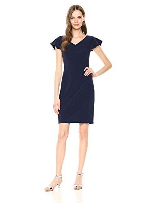 Lark & Ro Women's Flutter Sleeve Double V Neck Sheath Dress, Navy, 8