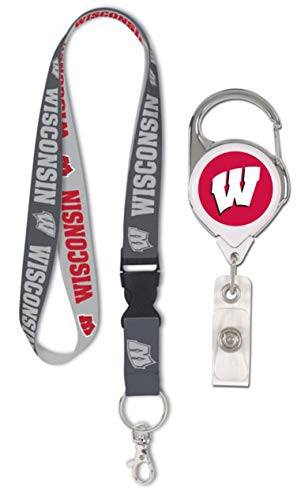 Bundle 2 Items: Wisconsin Badgers Charcoal Lanyard and 1 Premium Badge Reel Id Holder with 2 Sided Graphics
